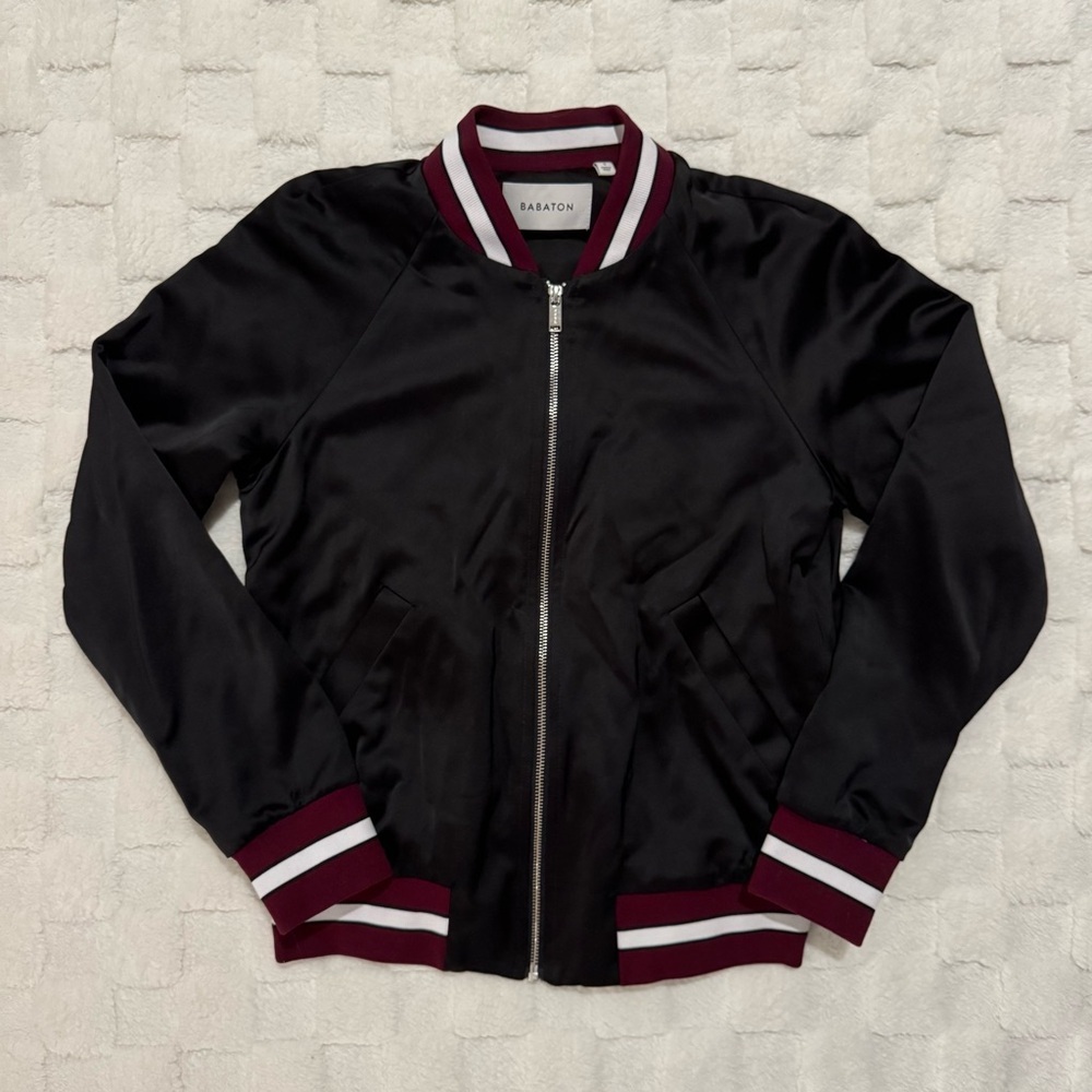 Aritzia Babaton Black Satin Bomber Jacket, Burgundy Trim, Pockets, Women’s Small